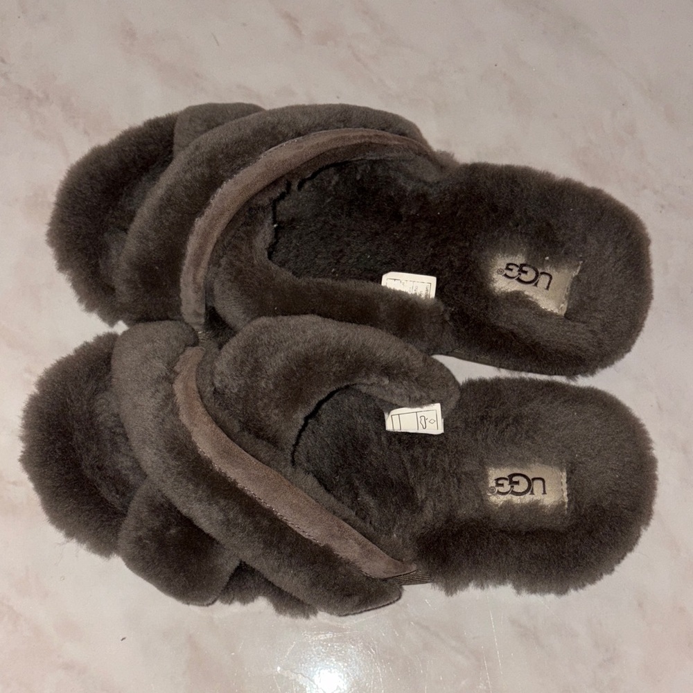 UGG Dark Brown Fluffy Slides